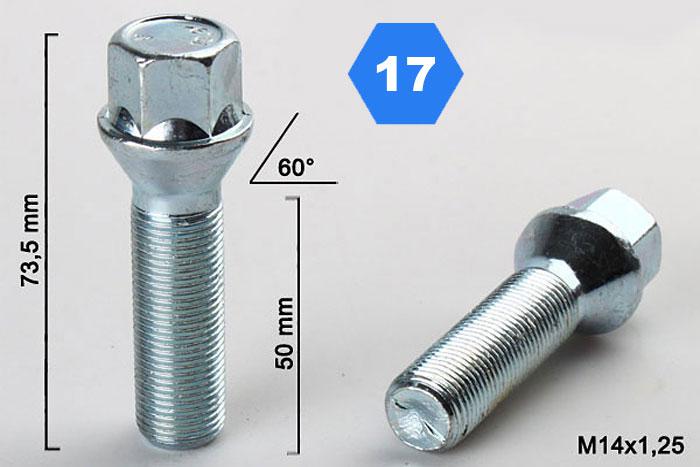 M14x1,25, Verlengde wielbout conisch, Draadlengte 50mm, SW 17